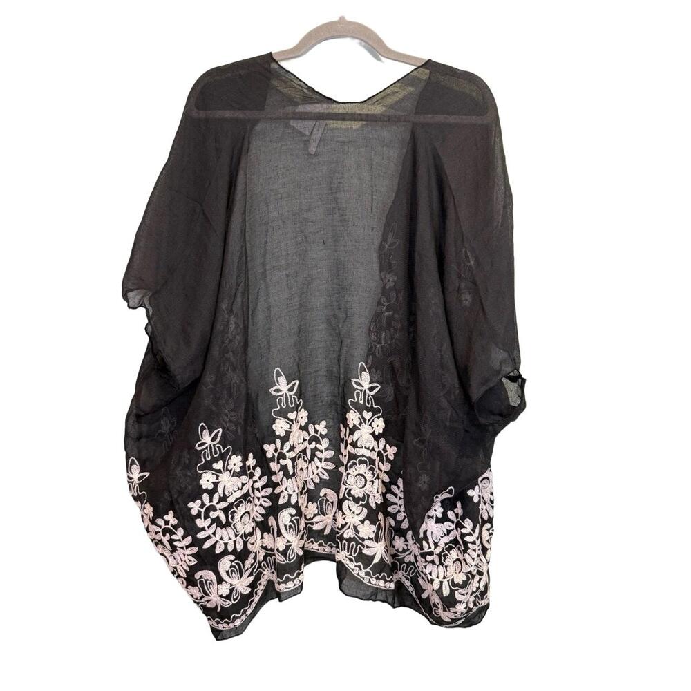Forgotten Grace Kimono Womens Size M Black White Sheer Open Floral - Picture 2 of 7